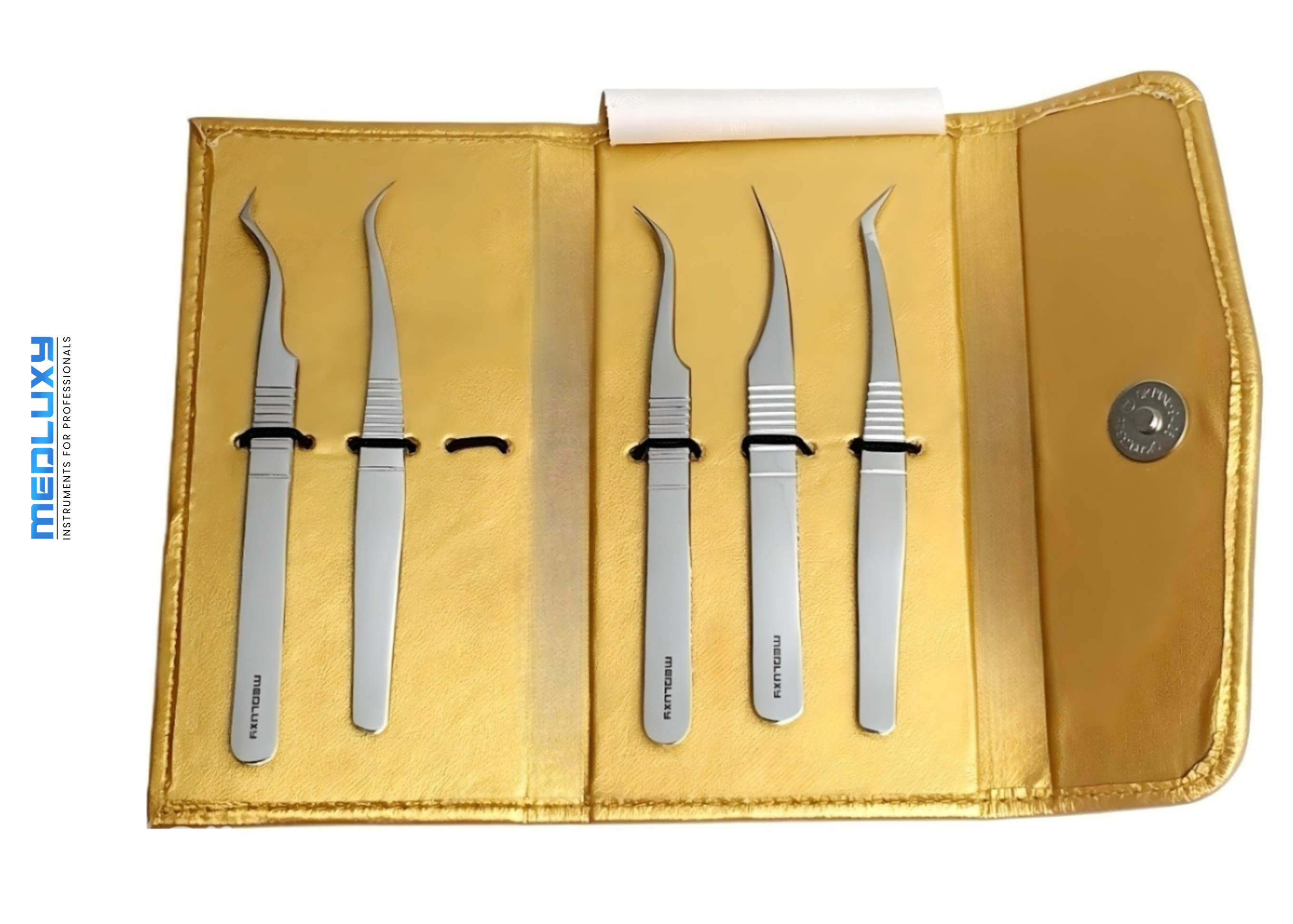 Medluxy Pro - Eyelash Tweezers - 5-Piece Set + Case - [EP0445] (eyelash extension tweezers - false eyelashes, eyelash tweezer set, eyelash tweezer set)