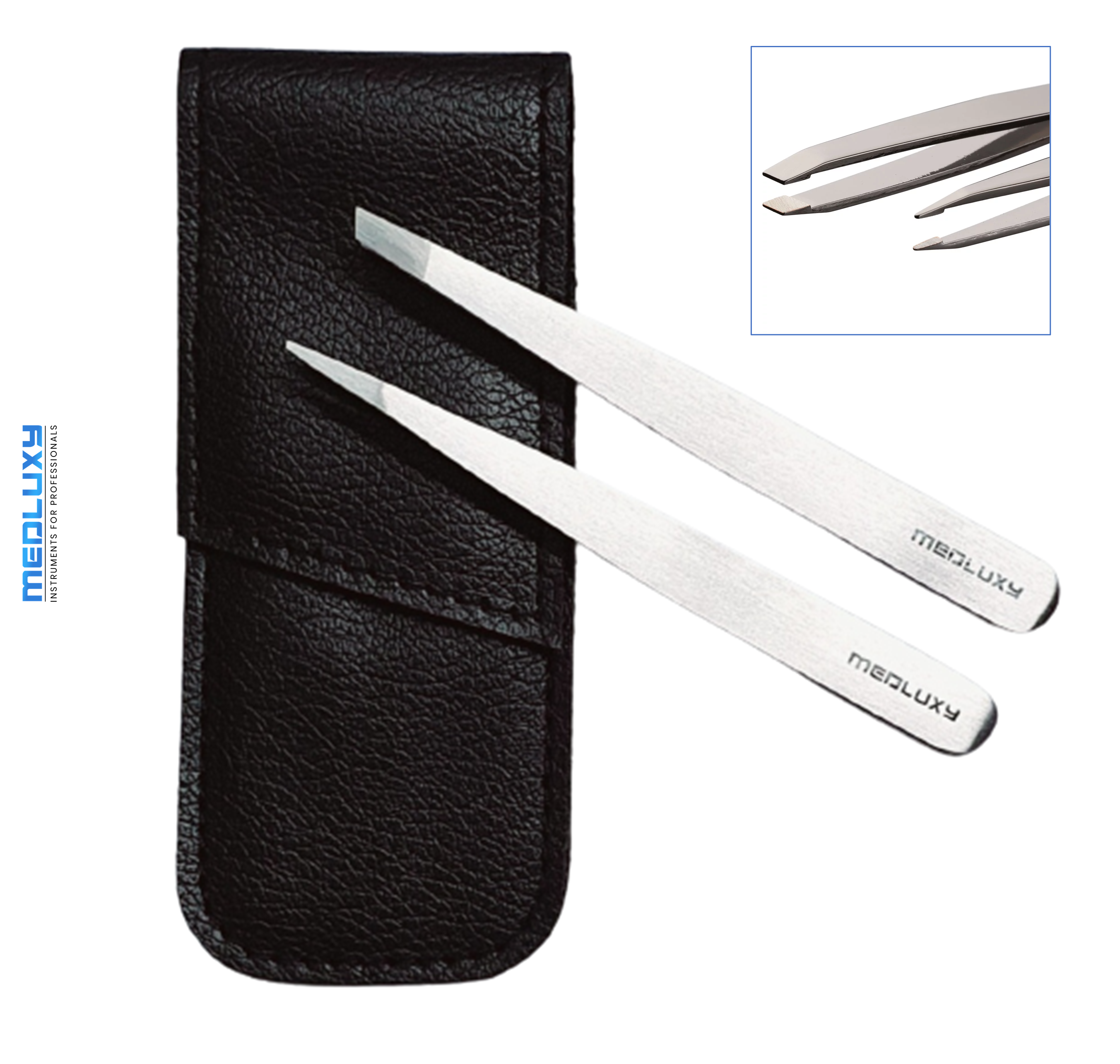 Medluxy Exclusive - Epilation Tweezers Set - Slant & Point - 2 tweezers 10 cm - including case - [EP0441] (slanted epilation tweezers - gift set - eyebrow epilation and styling)