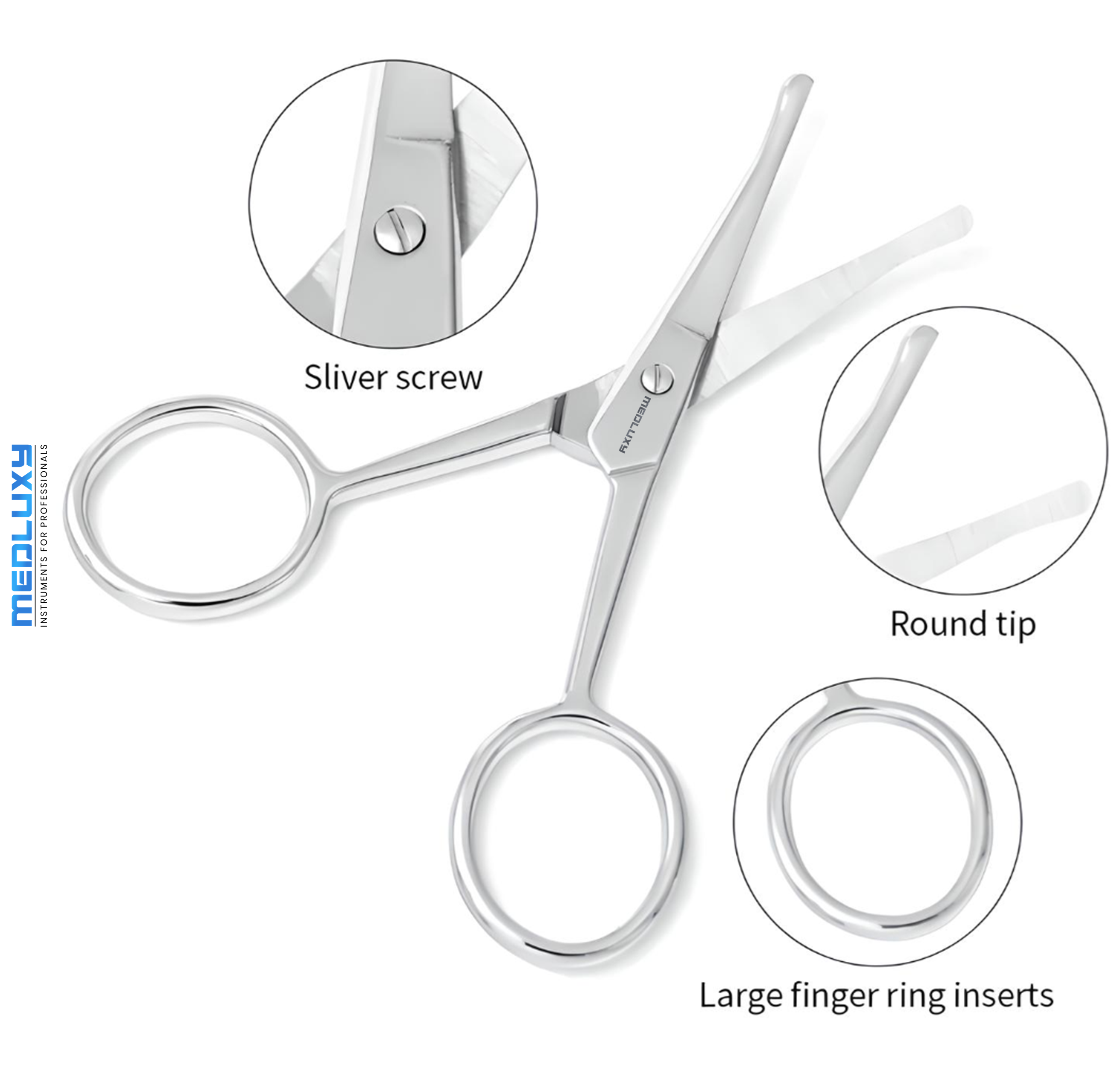 Medluxy - Gezichthaar Schaar - voor knippen van Neus, Wenkbrauw, Snor, Baard, Oorhaar - Rechte Schaarbladen - Rechtshandig - 11 cm - stompe punt (baardschaar, snorschaar, wenkbrauw schaartje)