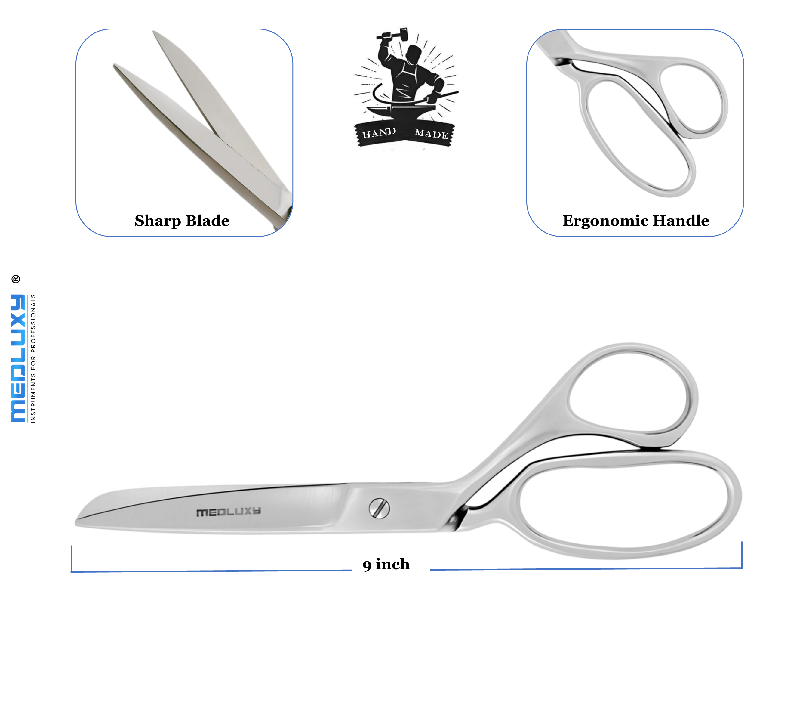 Medluxy Pro - Fabric Scissors - Professional - 9 inch / 23 cm - Right-handed - Stainless Steel - Heavy Quality - Hand Made (Tailor's Scissors, Fabric Scissors, Dressmaker's Scissors) [MH0605]