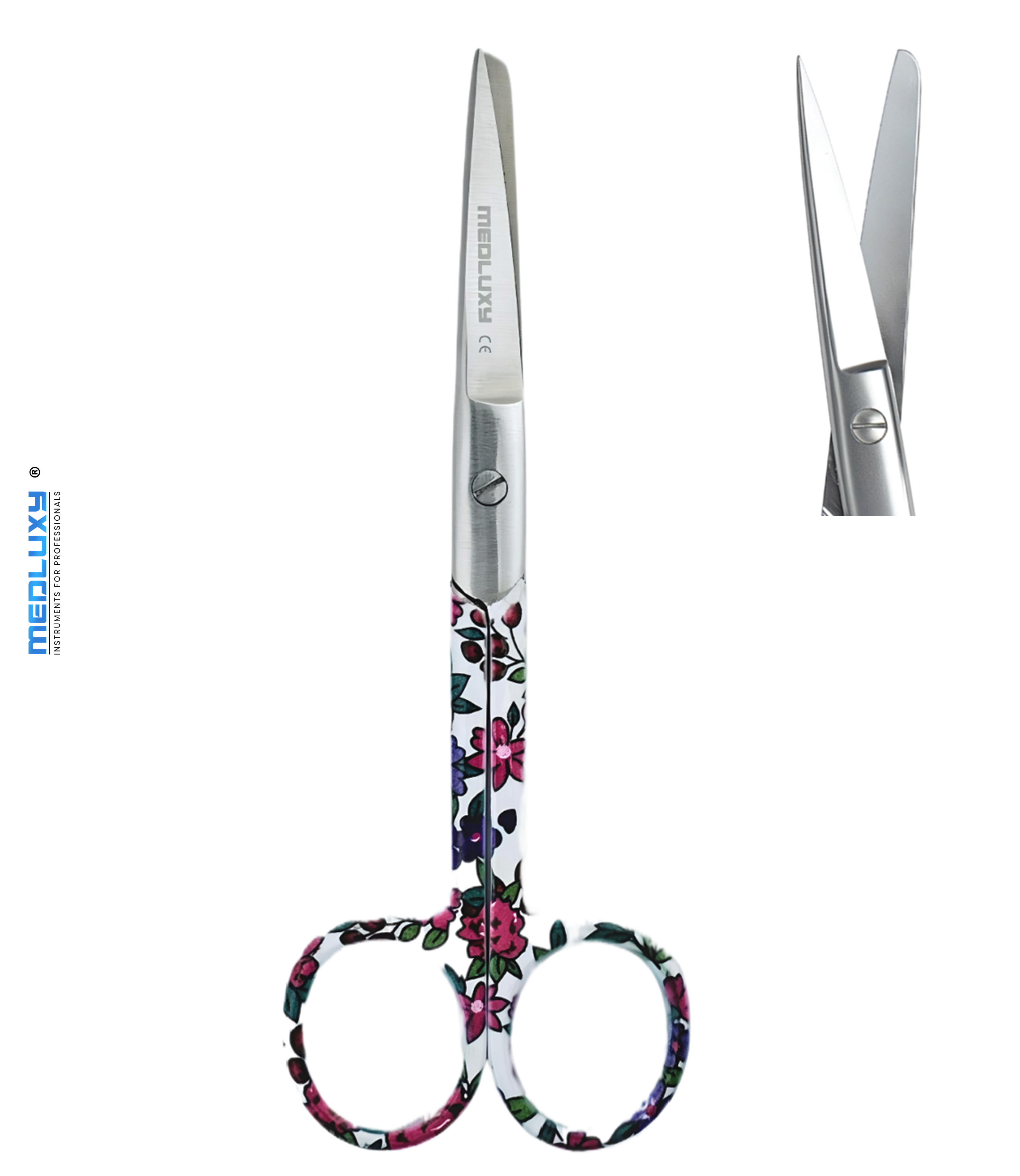 Medluxy - Bandage Scissors Nurse Scissors - Sharp and Blunt Point (Sharp/Blunt) - High Quality Stainless Steel - 13 cm - Flower Print - Scissors for Pedicure, Nurses and Doctors - Medical Scissors, First Aid, Nursing - Surgical Scissors