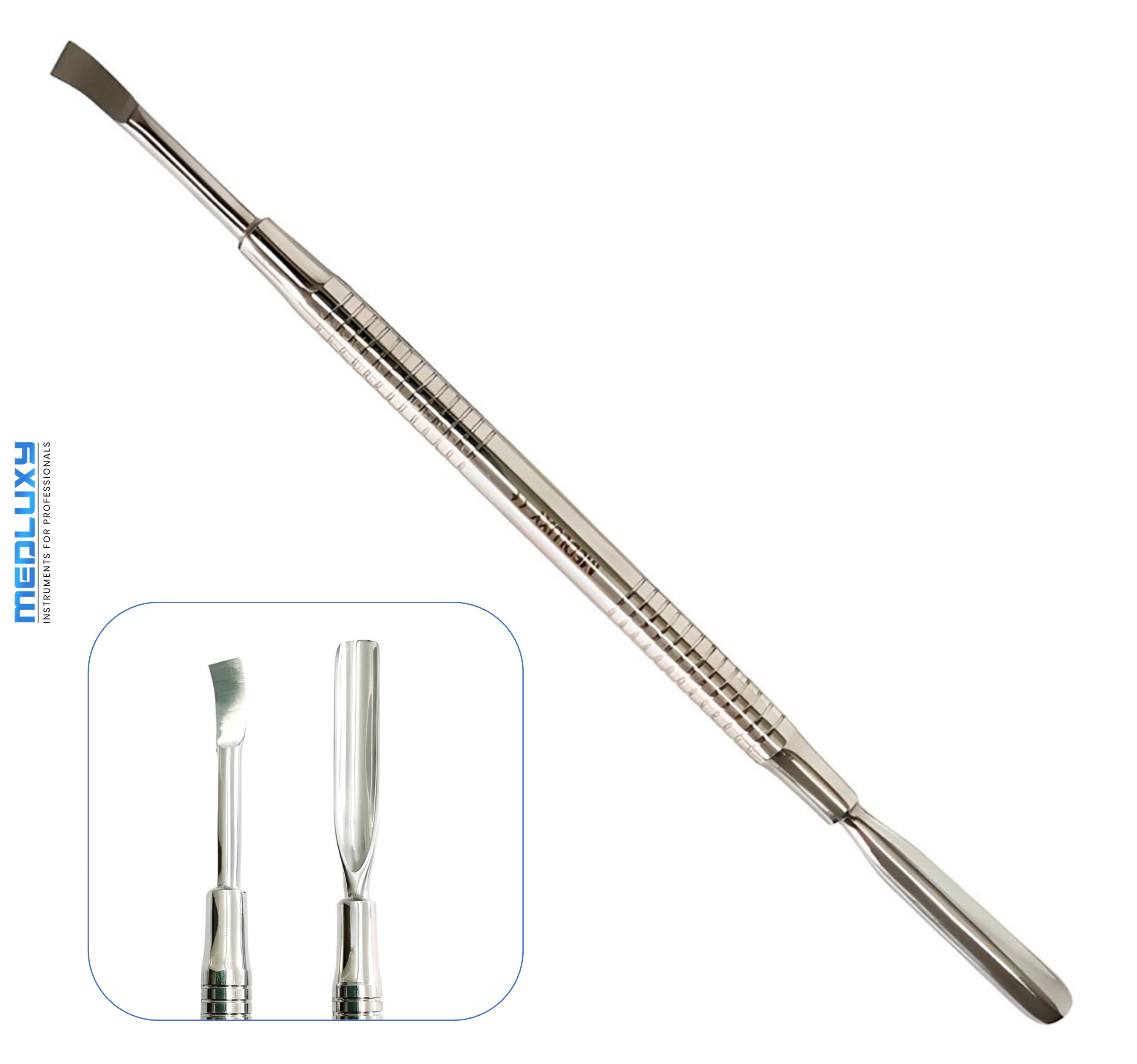 Medluxy Pro - Bokkepootje & Gebogen Mesje - kwaliteit RVS - totale lengte 18 cm [Cuticle Nailpusher & Bended Knife]