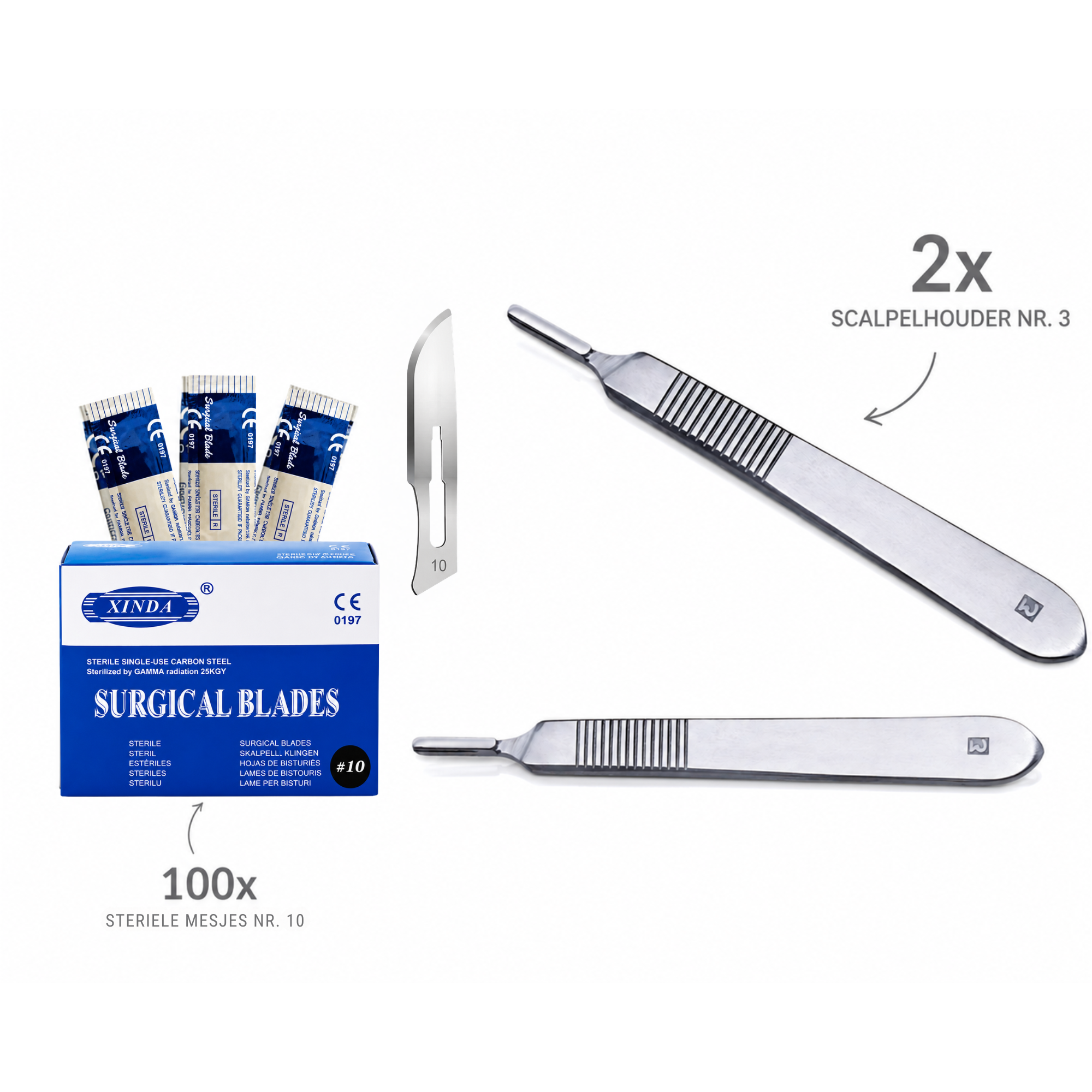 MEDLUXY Professional Clinic Set met 2 scalpelhouders nr. 3 en 100 steriele scalpelmesjes nr. 10