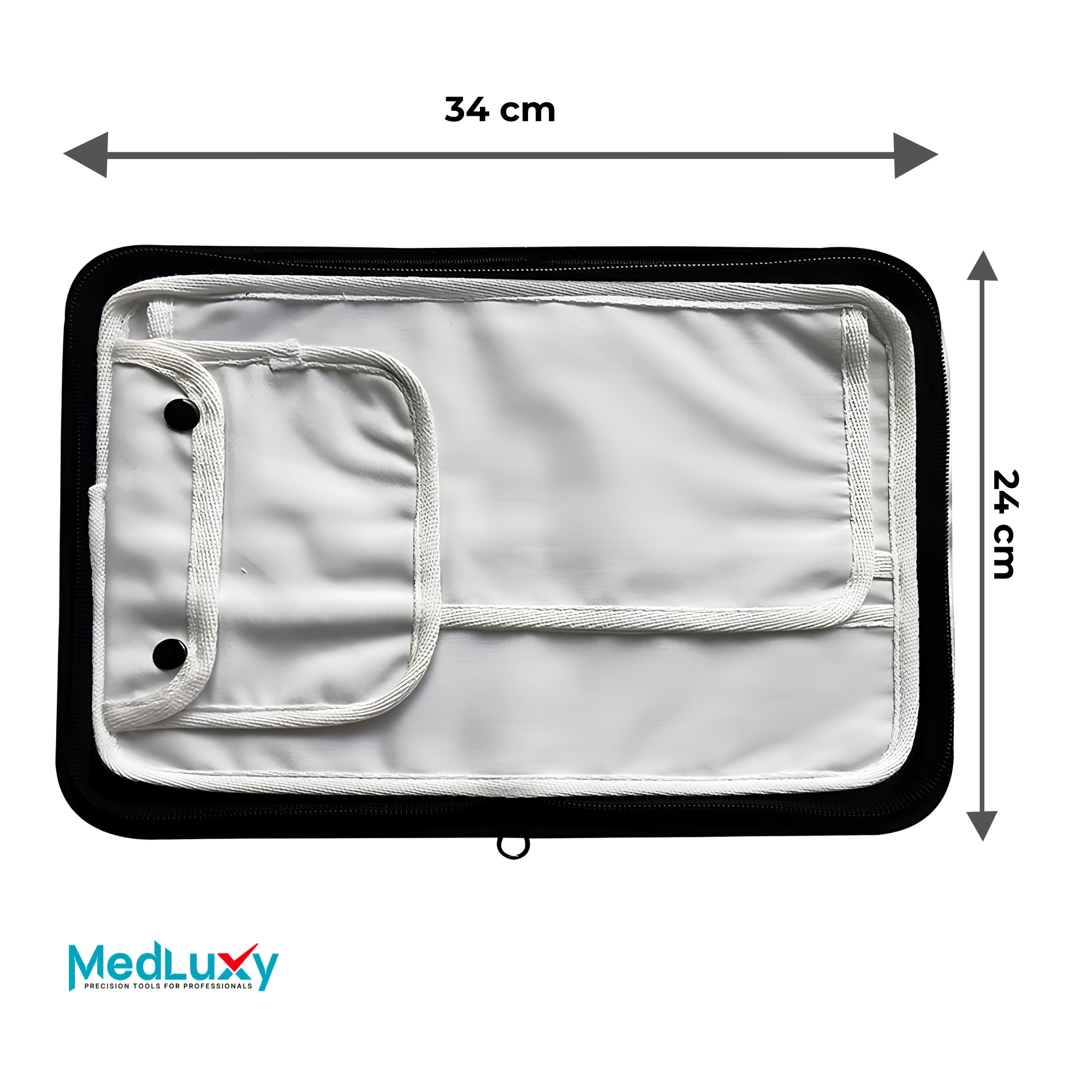 MEDLUXY manicure en pedicure organizer volledig geopend met afmetingen 34 x 24 cm