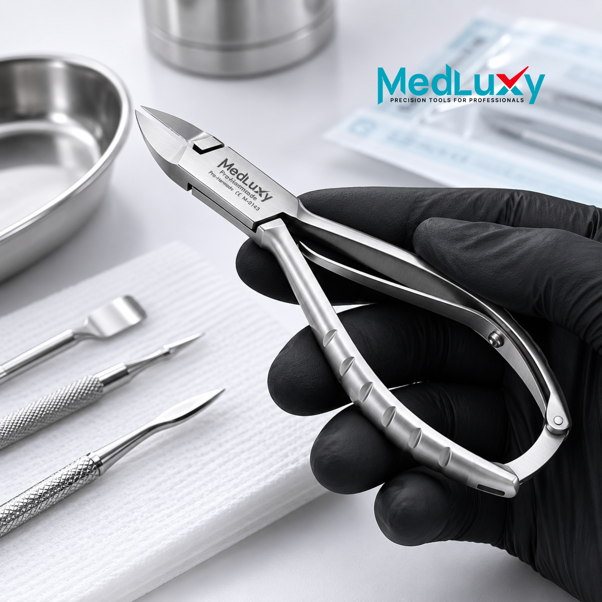 Professionele MEDLUXY hoektang in klinische werkomgeving voor pedicure en manicure