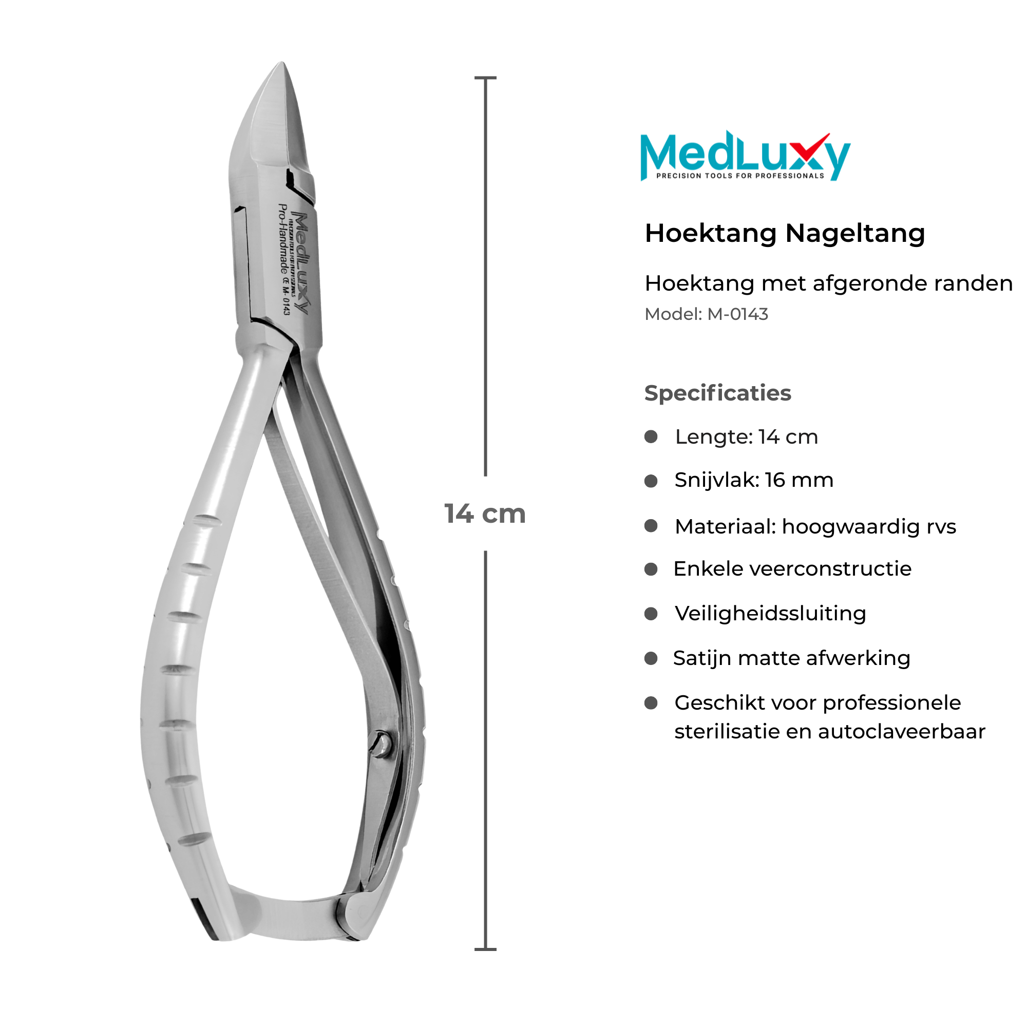 MEDLUXY Hoektang M-143 met afmetingen 14 cm en 16 mm snijvlak