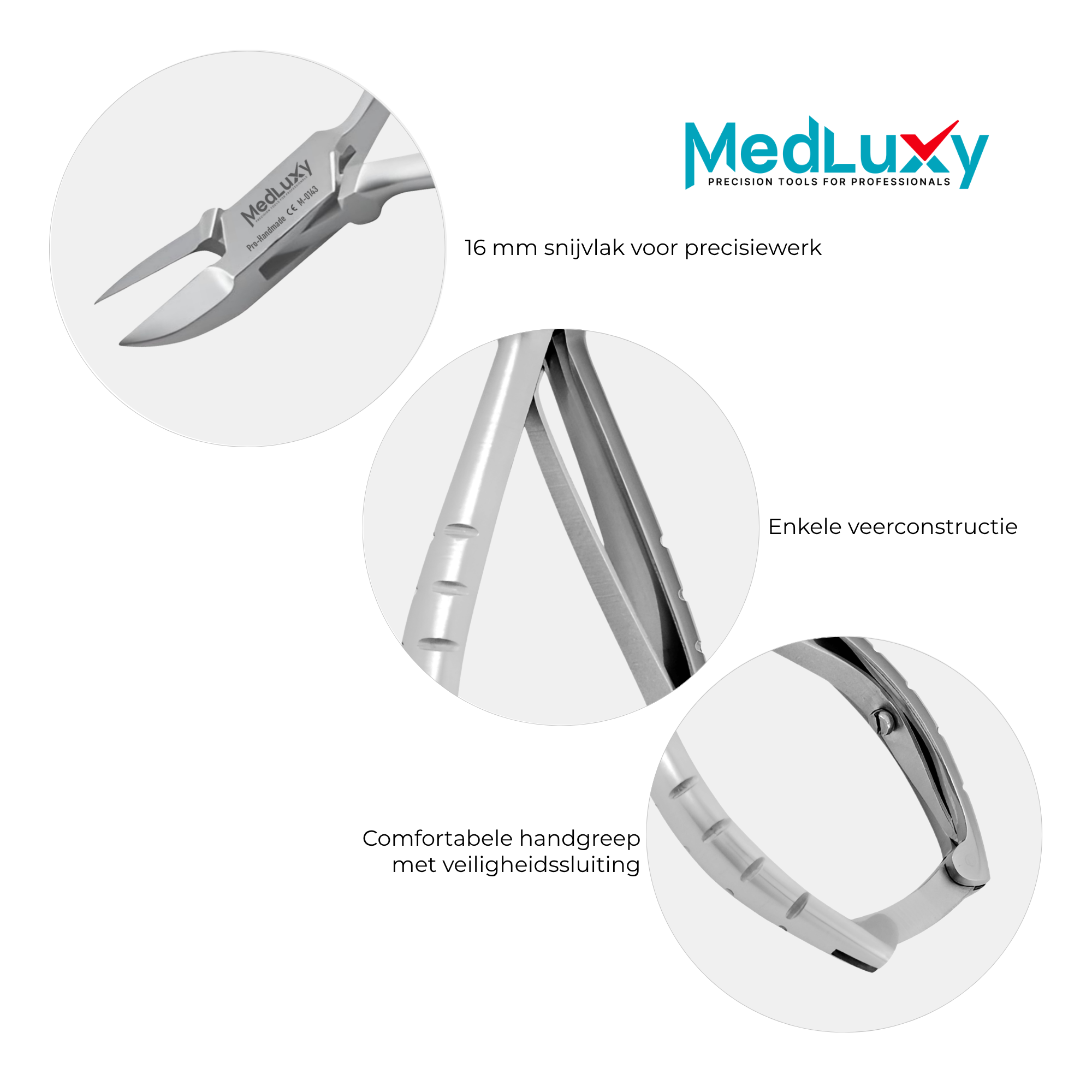 Detailfoto van het 16 mm snijvlak en de enkele veerconstructie van de MEDLUXY hoektang