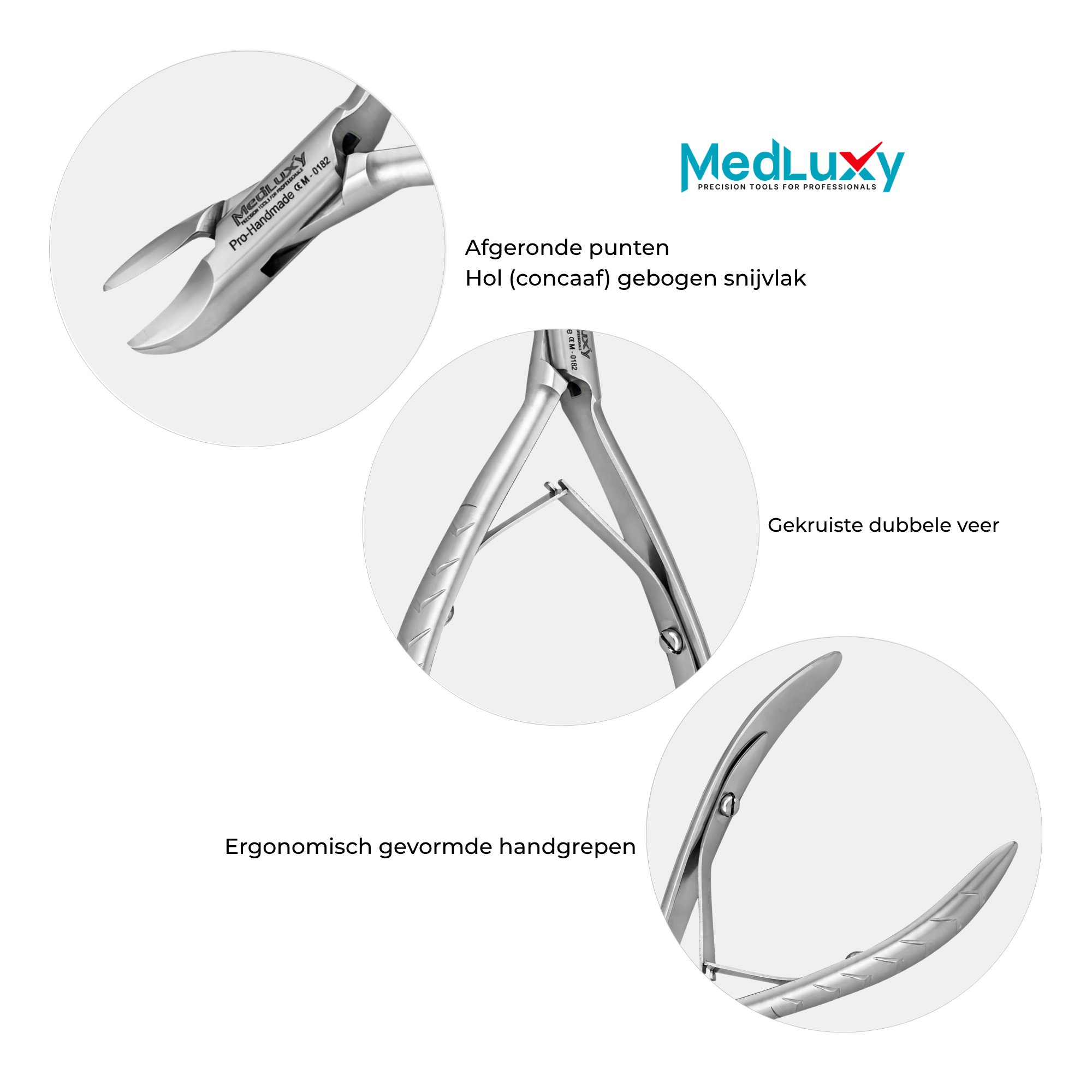 Afgeronde punten, holgebogen snijvlak en dubbele veer van MEDLUXY nageltang M-0182