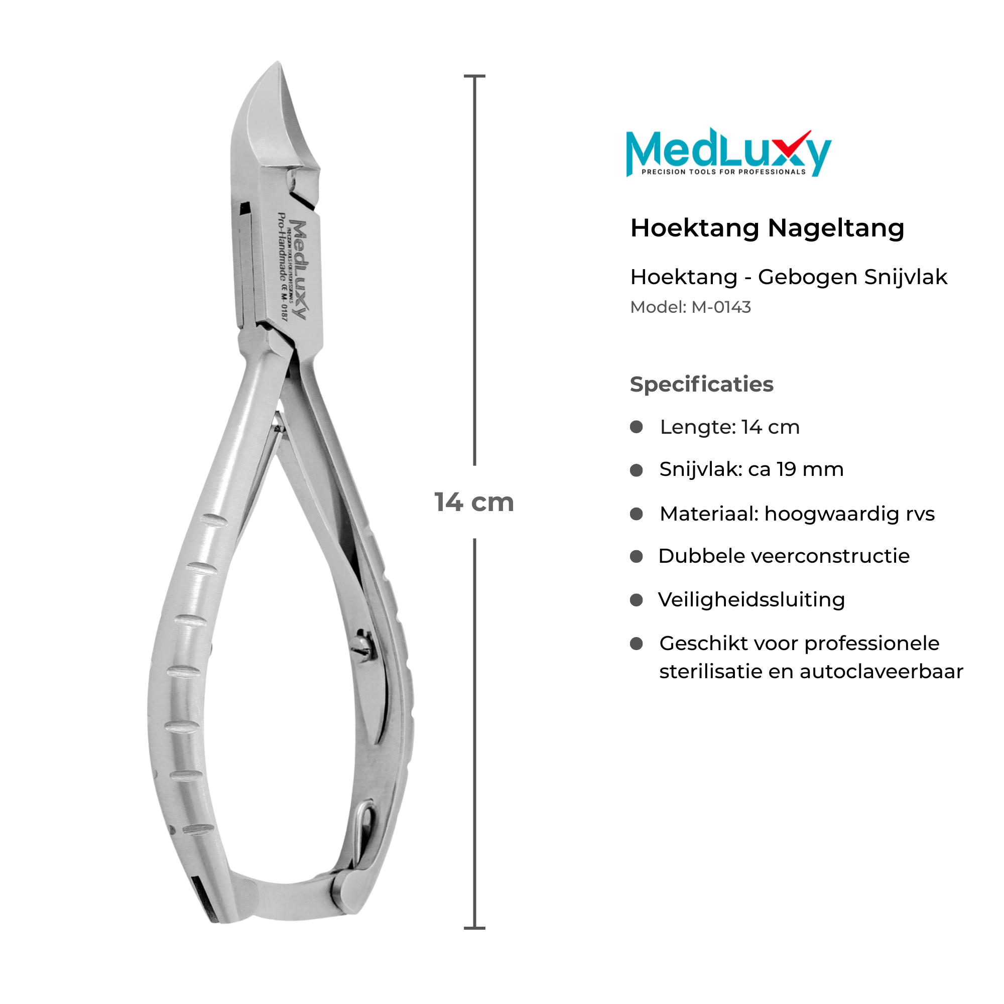 MEDLUXY Hoektang M-187 met afmetingen 14 cm en 19 mm snijvlak
