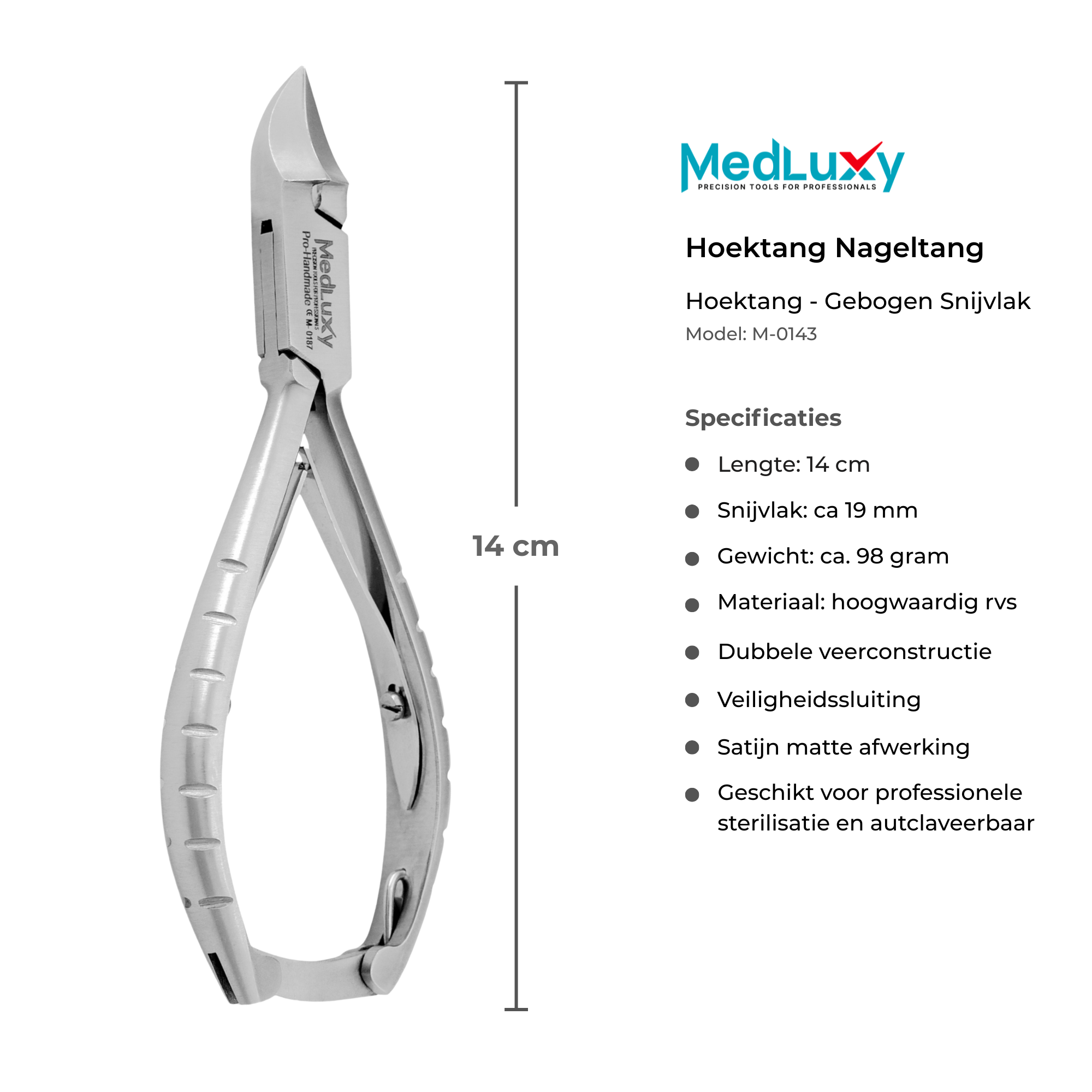 MEDLUXY Hoektang M-187 met afmetingen 14 cm en 19 mm snijvlak