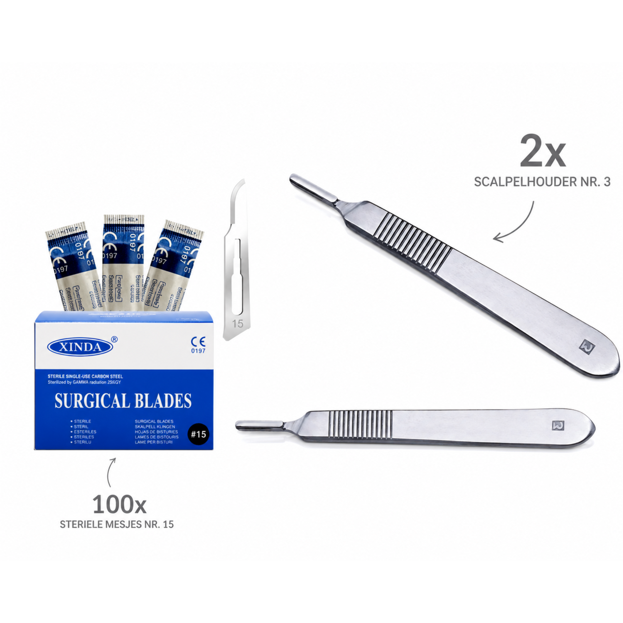 MEDLUXY Professional Clinic Set met 2 scalpelhouders nr. 3 en steriele scalpelmesjes nr. 15