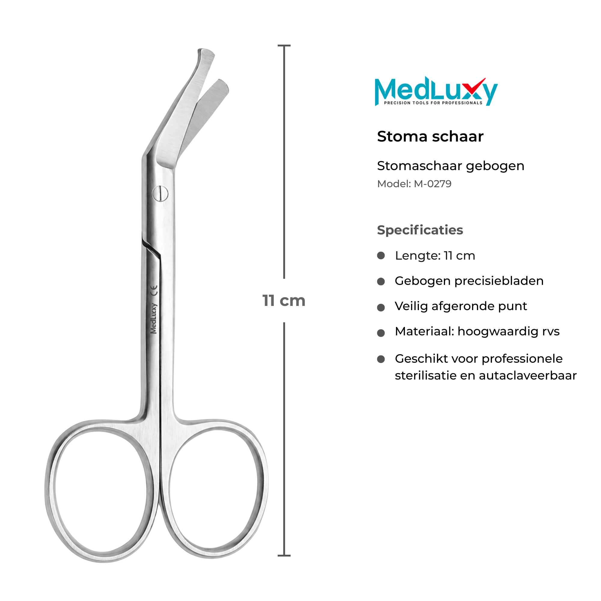 MEDLUXY stoma schaar 11 cm met afmetingen en specificaties, RVS uitvoering met gebogen stomabladen