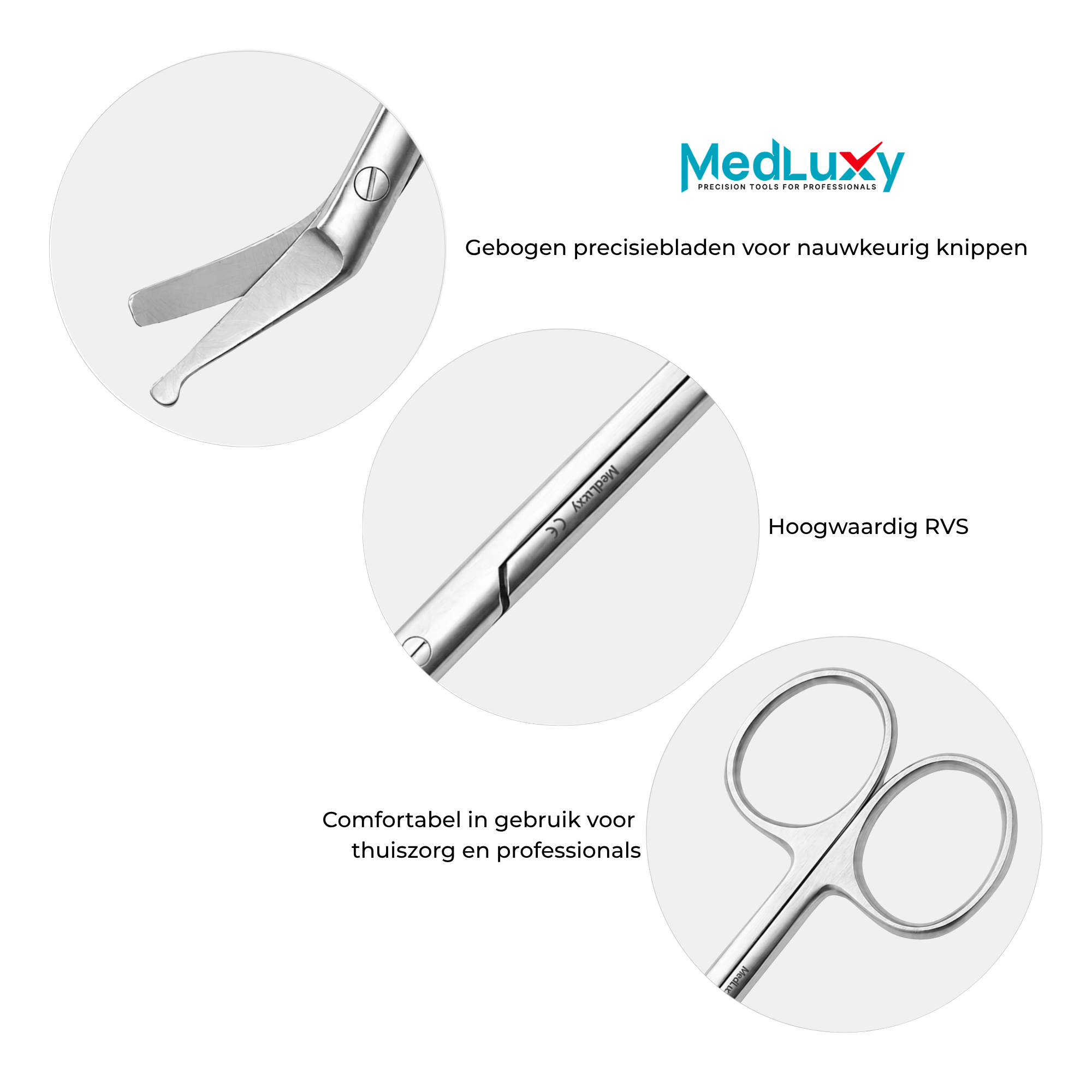 MEDLUXY stoma schaar detailfoto's met stomabladen, precisieslijping en RVS afwerking voor het op maat knippen van stoma hulpmiddelen