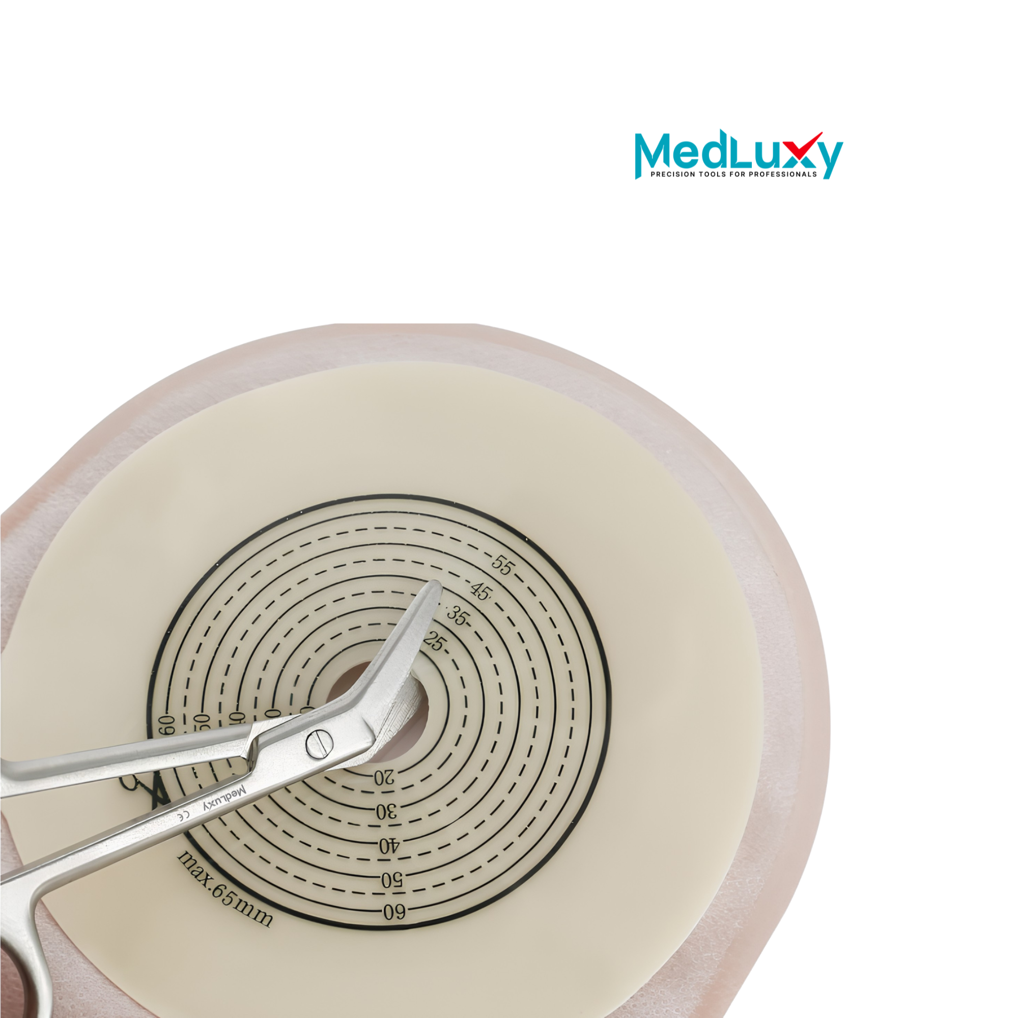 MEDLUXY stoma schaar 11 cm gebruikt voor het nauwkeurig op maat knippen van een stoma huidplaat met maatschaal