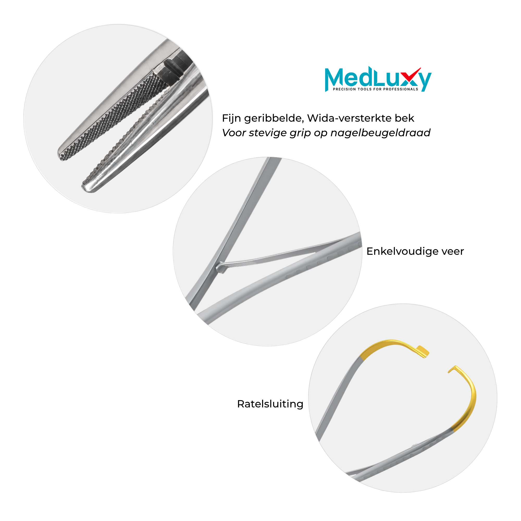 Details van de geribbelde bek, enkelvoudige veer en ratelsluiting van de MEDLUXY orthonyxietang