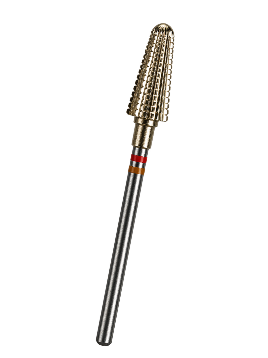 MEDLUXY - Tungsten Carbide - Kegelfrees - Tweerichtingsvertanding - Afgeronde Werkende Kop - Fijn - Rood-Oranje Ringen - 6 mm - Goudkleurige ZrN-coating
