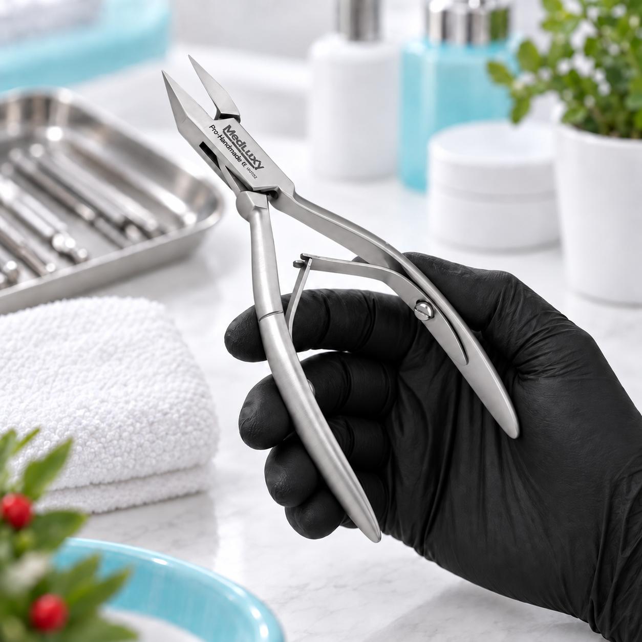 MEDLUXY® RVS nageltang met gekruiste dubbele veer voor nauwkeurig werken in nagelhoeken