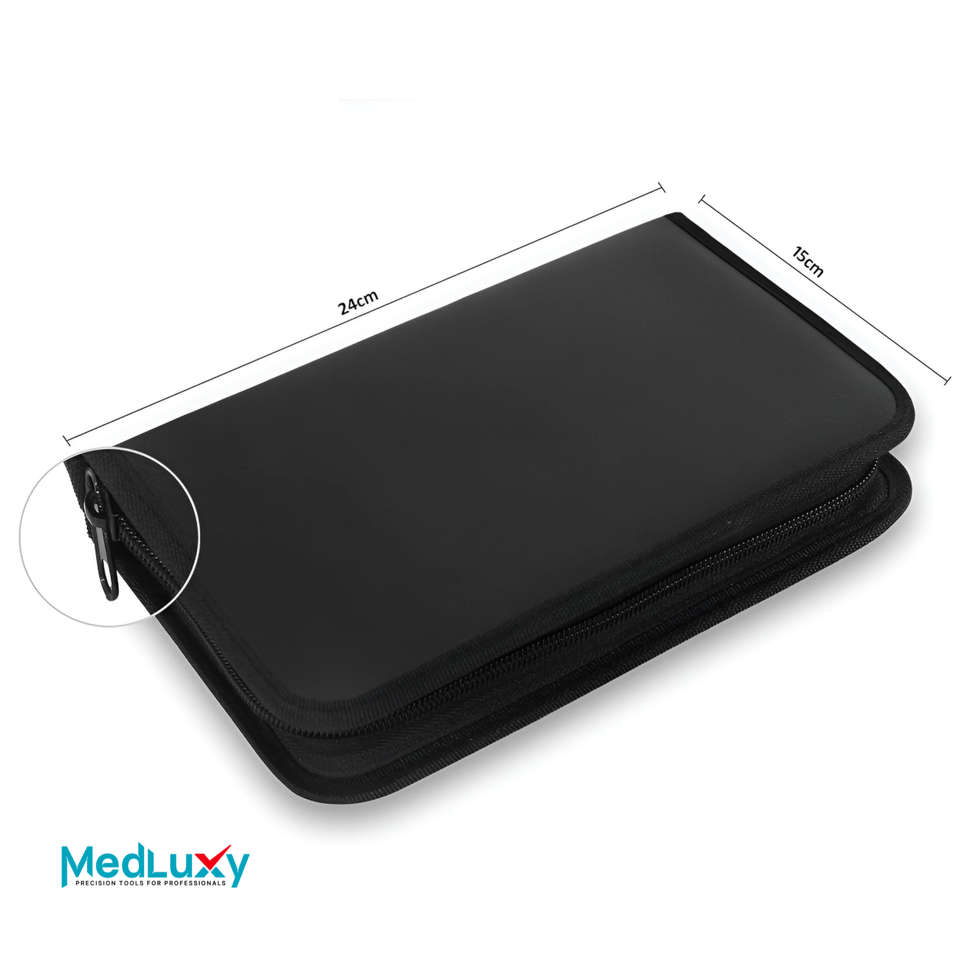 MEDLUXY pedicure opbergmap dicht geritst met afmetingen 15 x 24 x 4 cm