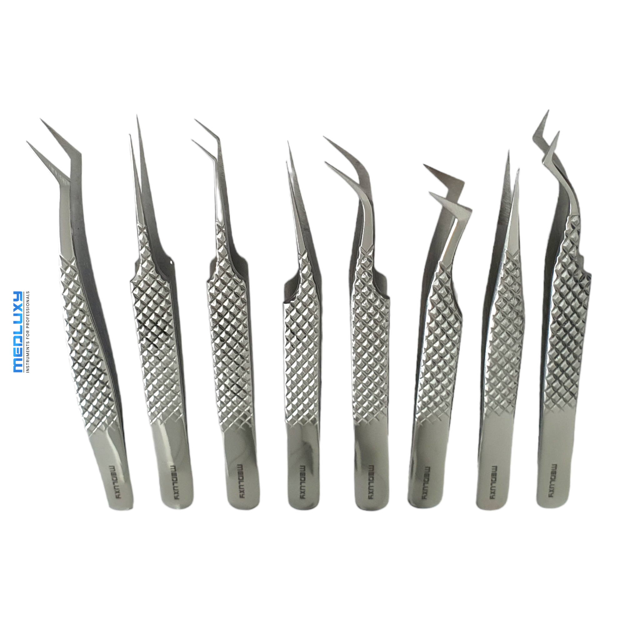 Medluxy Pro - Eyelash Tweezers - 8-piece Set + Case - Tweezers for eyelash extensions - False eyelashes - EP0018 [eyelash tweezer set, eyelash tweezer set]